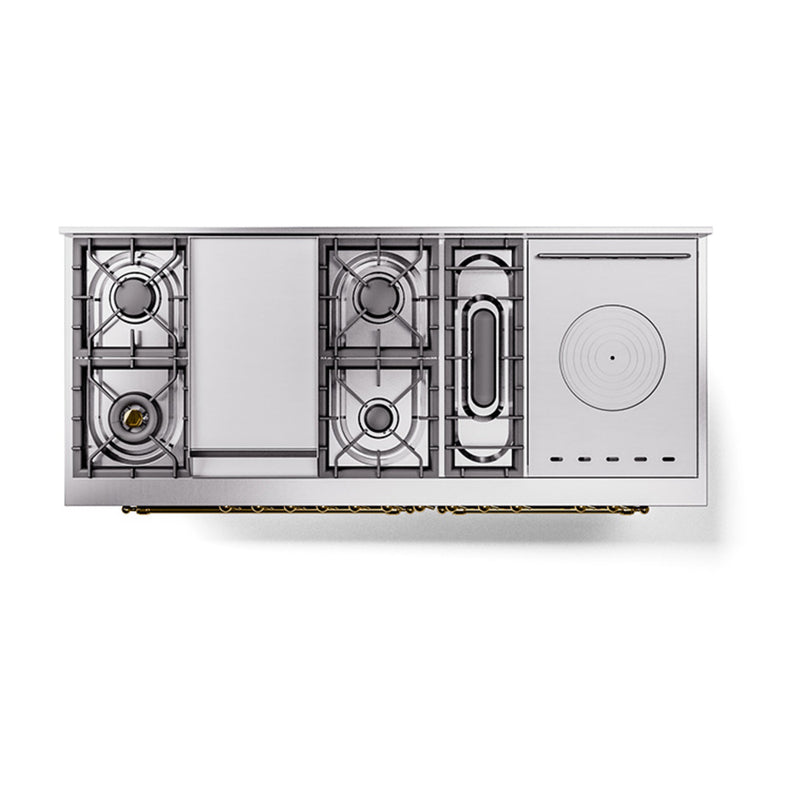 ILVE Nostalgie II 60-Inch Dual Fuel Range with 7 Burners, Griddle, & French Top with Solid Door Oven in Burgundy with Brass Trim (UP60FSQNMPBUG)