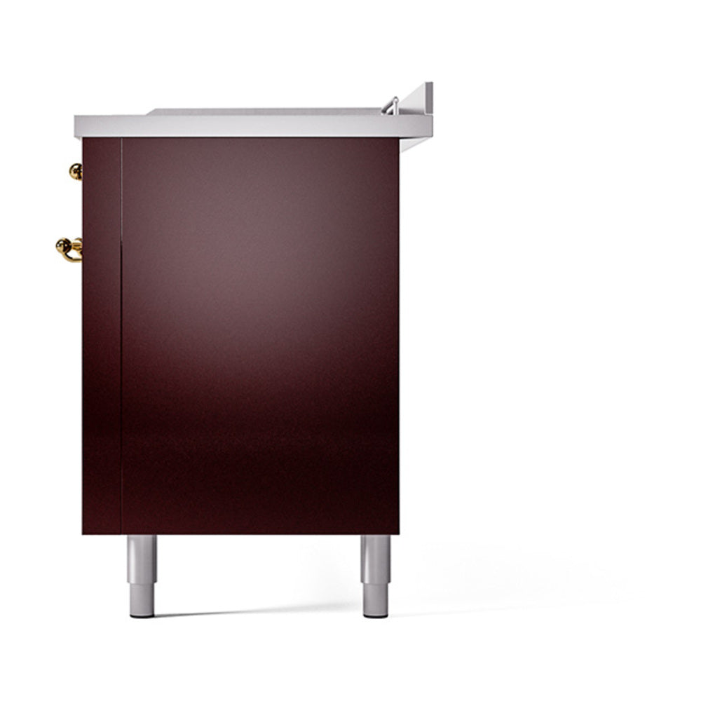 Burgundy solid-door oven side panel with brass hinge hardware and metal base feet