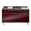 ILVE Nostalgie II 60-Inch Natural Gas Dual Fuel Range with 7 Burners, Griddle, & French Top with Solid Door Oven in Burgundy with Brass Trim (UP60FSQNMPBUG)