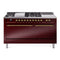 ILVE Nostalgie II 60-Inch Natural Gas Dual Fuel Range with 7 Burners, Griddle, & French Top with Solid Door Oven in Burgundy with Brass Trim (UP60FSQNMPBUG)