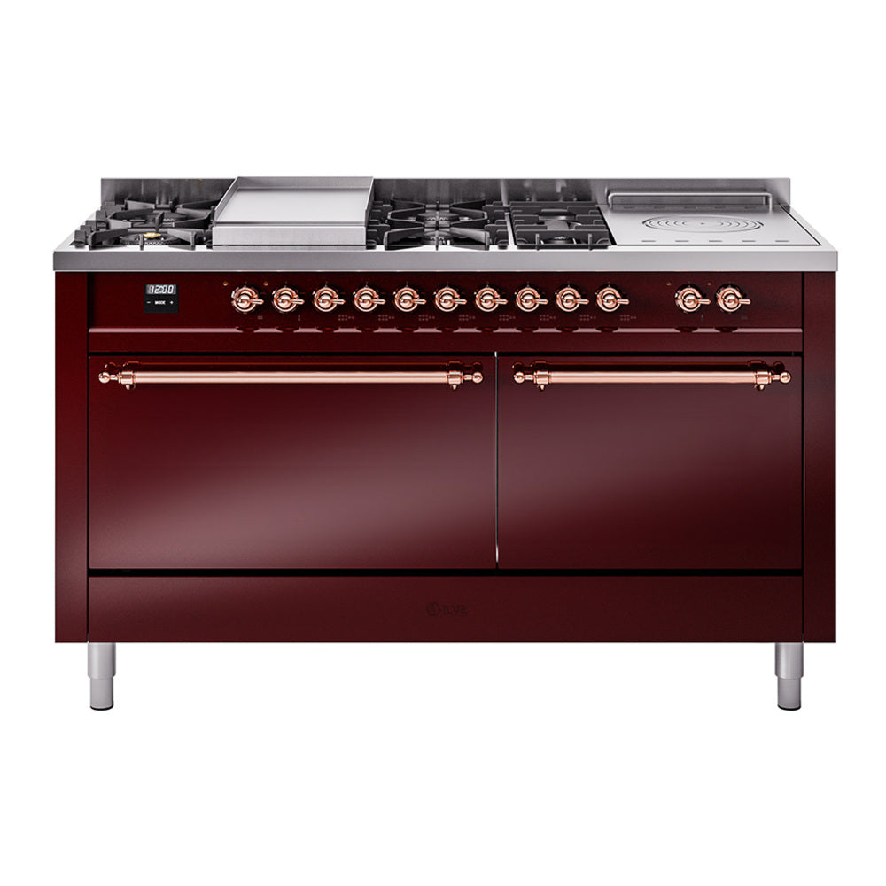 Burgundy dual-fuel gas range with copper trim, front burners, griddle, and oven door