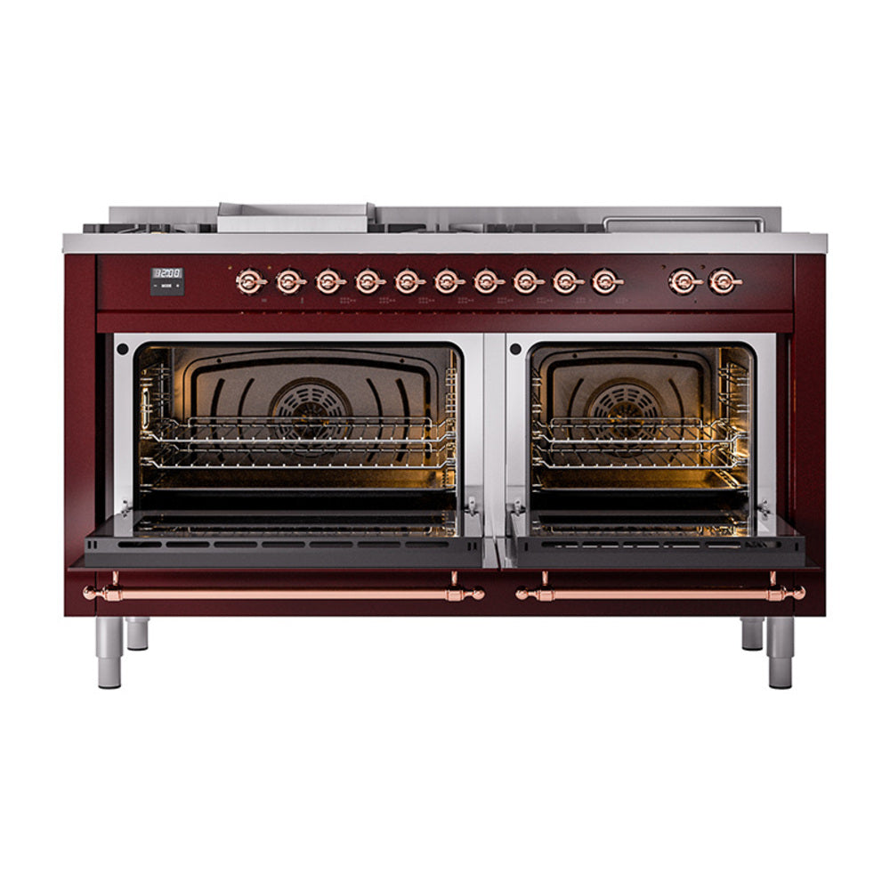 Dual-oven doors open on burgundy dual-fuel gas range with oven racks visible