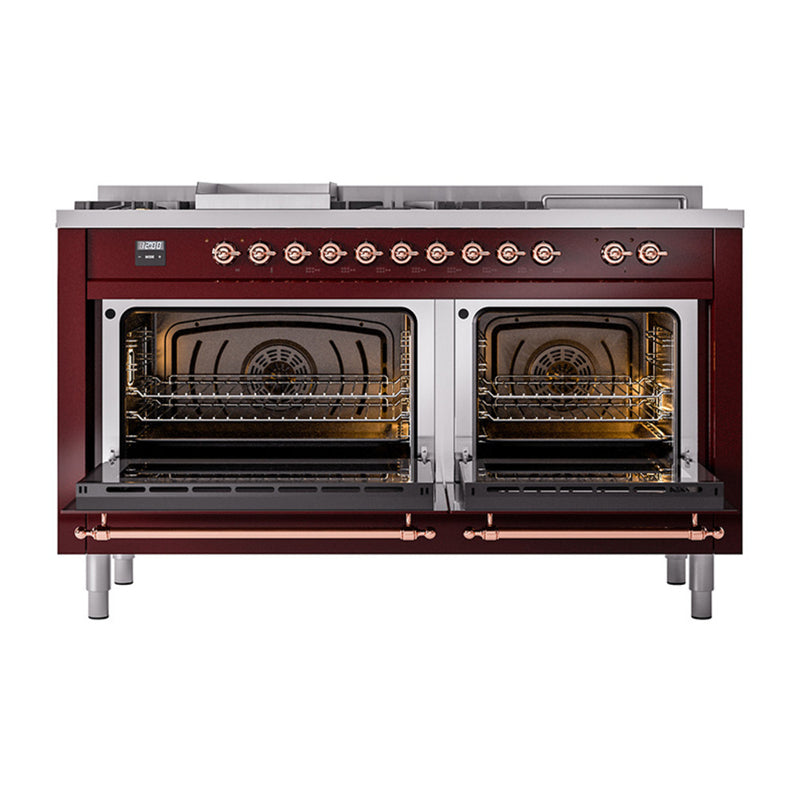 ILVE Nostalgie II 60-Inch Dual Fuel Range with 7 Burners, Griddle, & French Top with Solid Door Oven in Burgundy with Copper Trim (UP60FSQNMPBUP)