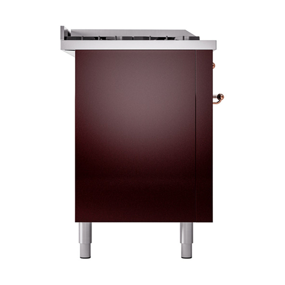 ILVE dual-fuel range with burgundy cabinet, stainless backguard, and copper control knobs