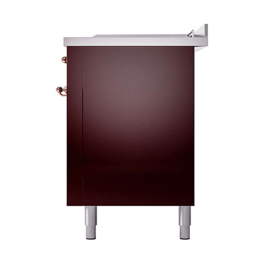 Burgundy solid door panel with copper handle details on a dual-fuel gas range