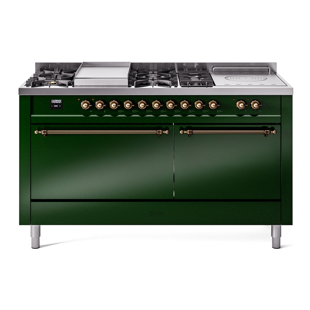 Emerald green dual fuel range with 7 gas burners, griddle, and French top