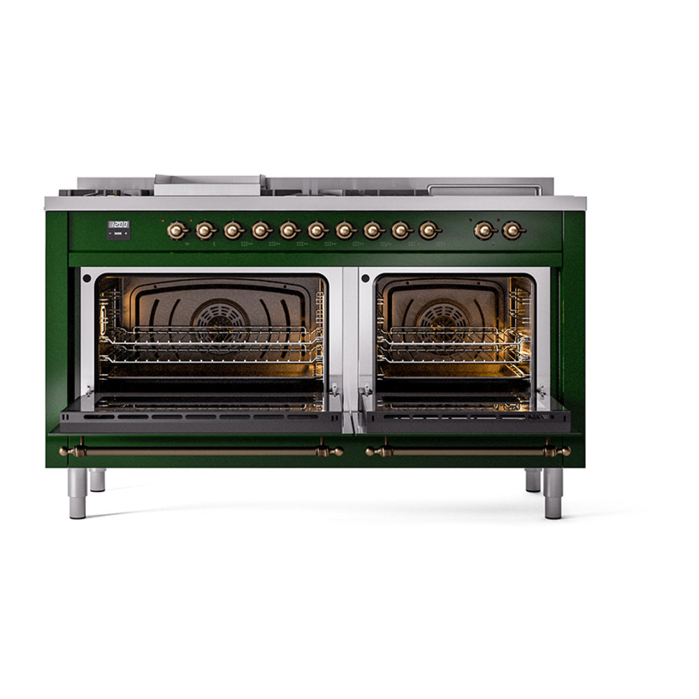Emerald green dual fuel range with open ovens showing interior racks