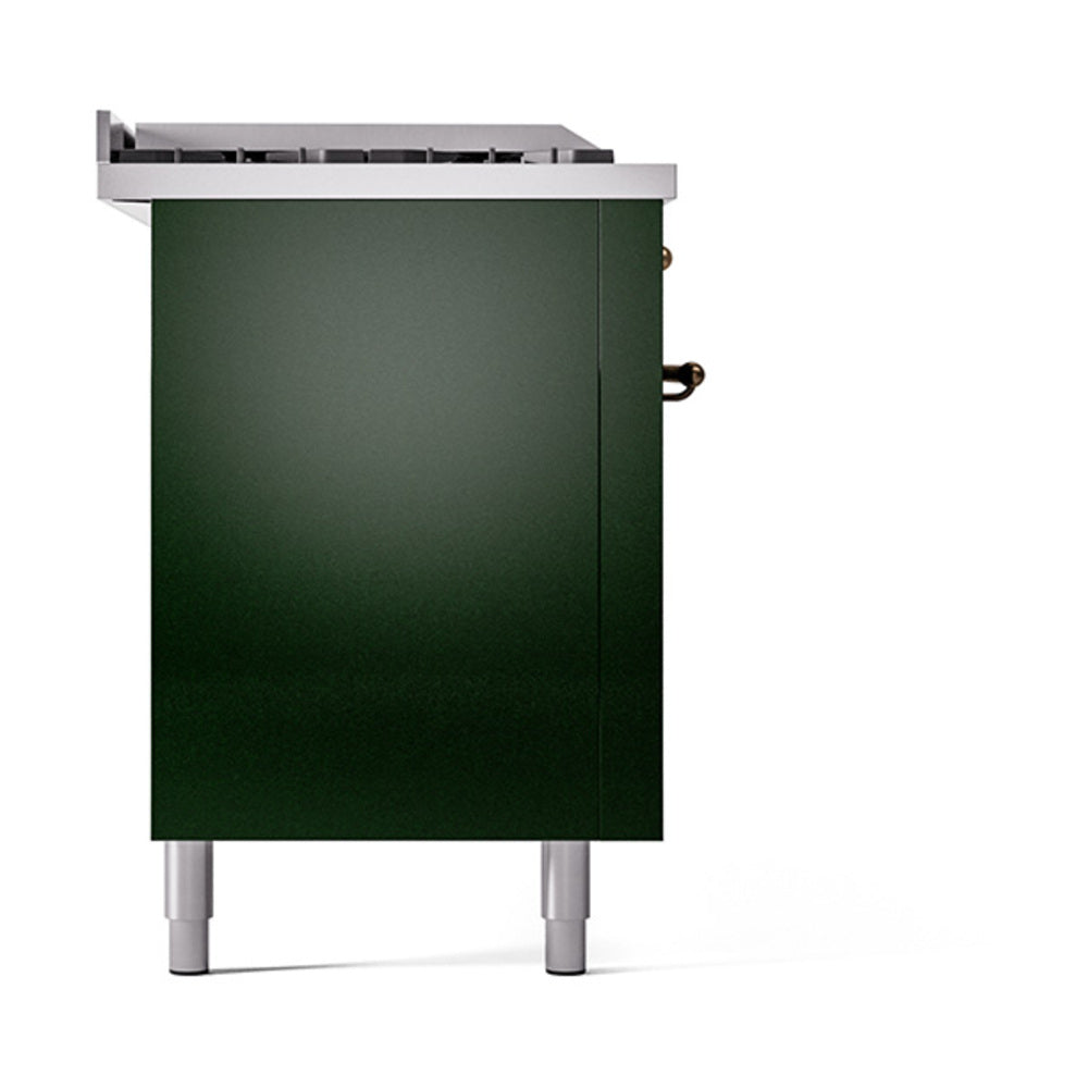 Emerald green dual-fuel range side panel with solid oven door and bronze handle