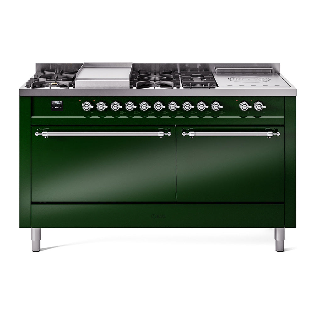 ILVE emerald green dual-fuel range with chrome trim, burners and solid oven door