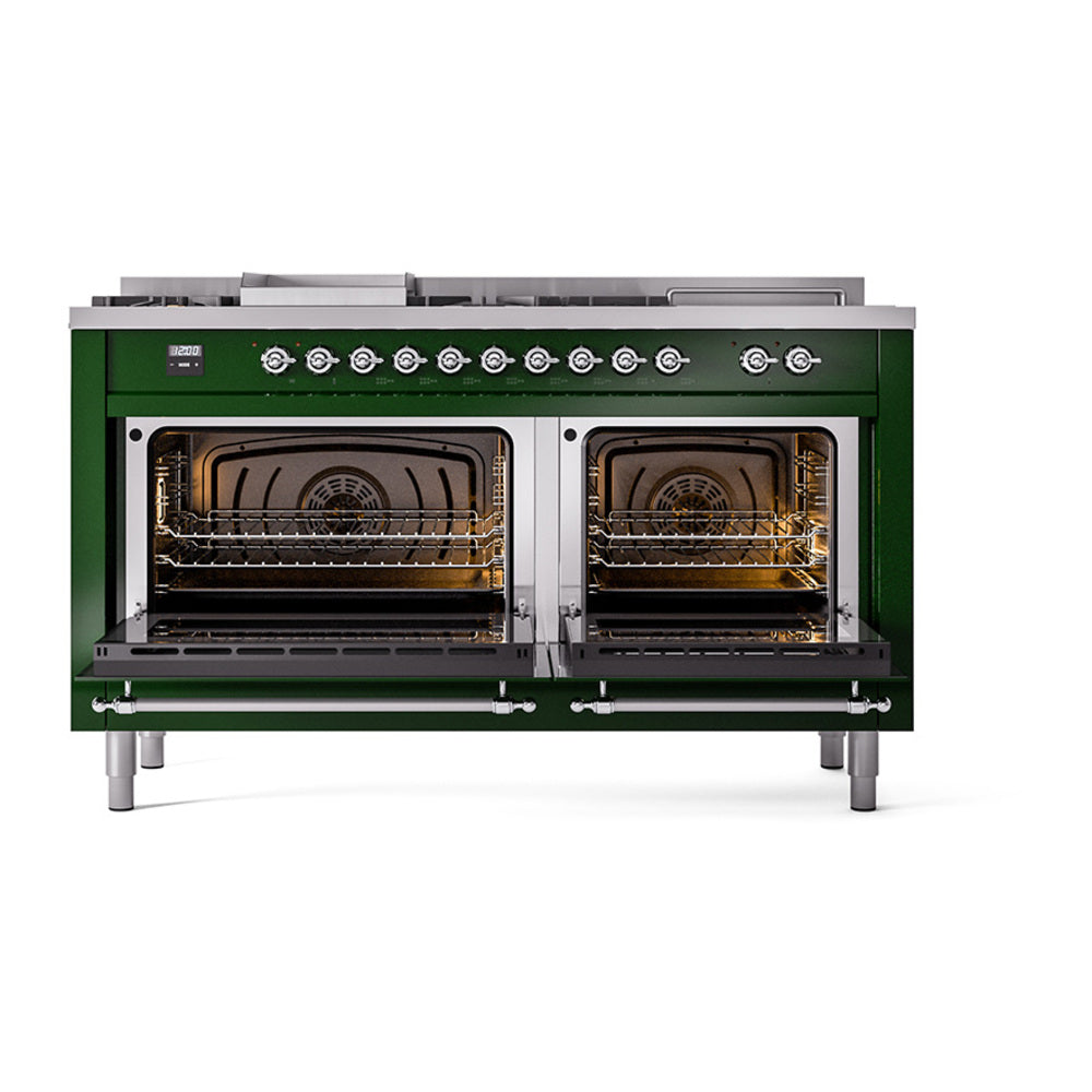 ILVE emerald green dual-fuel range with dual oven doors open and burner controls
