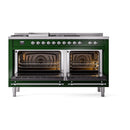 ILVE Nostalgie II 60-Inch Natural Gas Dual Fuel Range with 7 Burners, Griddle, & French Top with Solid Door Oven in Emerald Green with Chrome Trim (UP60FSQNMPEGC)