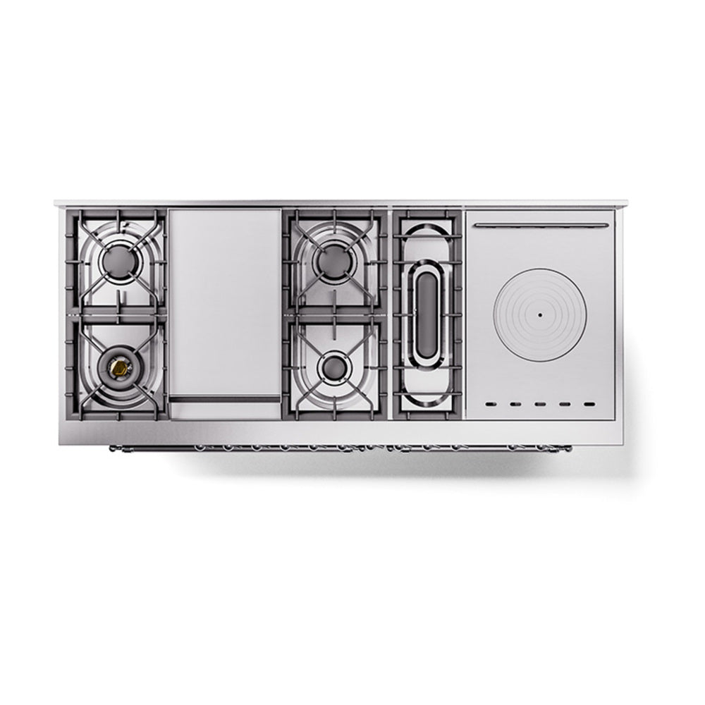 ILVE dual-fuel range burner layout with French top and grates in stainless interior