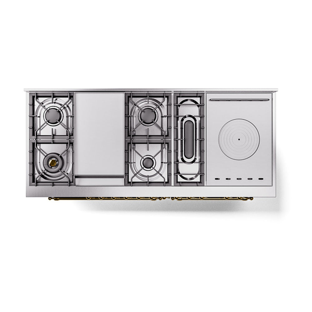 Range cutaway showing burner compartments and oven sections, with brass accents and knobs