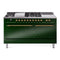 ILVE Nostalgie II 60-Inch Natural Gas Dual Fuel Range with 7 Burners, Griddle, & French Top with Solid Door Oven in Emerald Green with Brass Trim (UP60FSQNMPEGG)