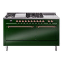ILVE Nostalgie II 60-Inch Natural Gas Dual Fuel Range with 7 Burners, Griddle, & French Top with Solid Door Oven in Emerald Green with Copper Trim (UP60FSQNMPEGP)
