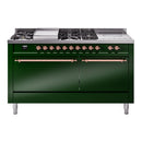ILVE Nostalgie II 60-Inch Propane Gas Dual Fuel Range with 7 Burners, Griddle, & French Top with Solid Door Oven in Emerald Green with Copper Trim (UP60FSQNMPEGPLP)