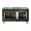 ILVE Nostalgie II 60-Inch Natural Gas Dual Fuel Range with 7 Burners, Griddle, & French Top with Solid Door Oven in Emerald Green with Copper Trim (UP60FSQNMPEGP)