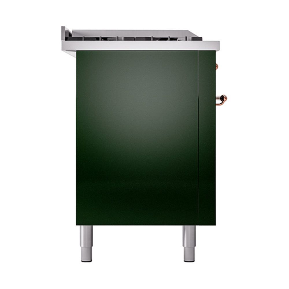 ILVE emerald green rear cabinet panel with copper control knobs and vented top