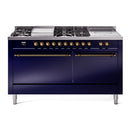 ILVE Nostalgie II 60-Inch Propane Gas Dual Fuel Range with 7 Burners, Griddle, & French Top with Solid Door Oven in Midnight Blue with Bronze Trim (UP60FSQNMPMBBLP)
