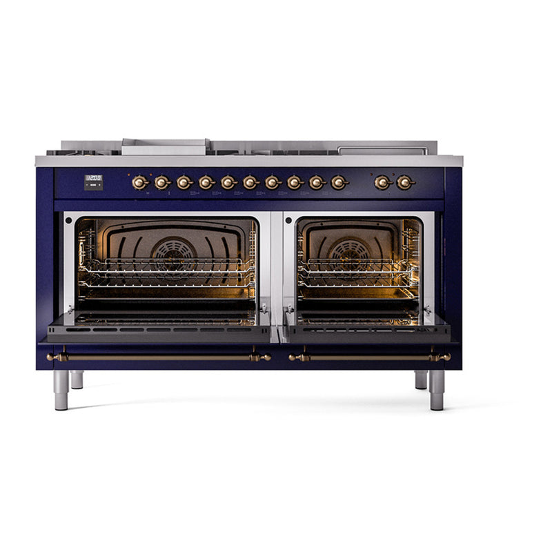 ILVE Nostalgie II 60-Inch Dual Fuel Range with 7 Burners, Griddle, & French Top with Solid Door Oven in Midnight Blue with Bronze Trim (UP60FSQNMPMBB)