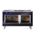ILVE Nostalgie II 60-Inch Natural Gas Dual Fuel Range with 7 Burners, Griddle, & French Top with Solid Door Oven in Midnight Blue with Bronze Trim (UP60FSQNMPMBB)