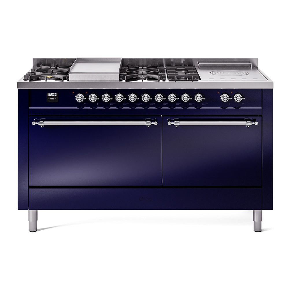 ILVE dual fuel range in midnight blue with griddle, French top, and burner controls