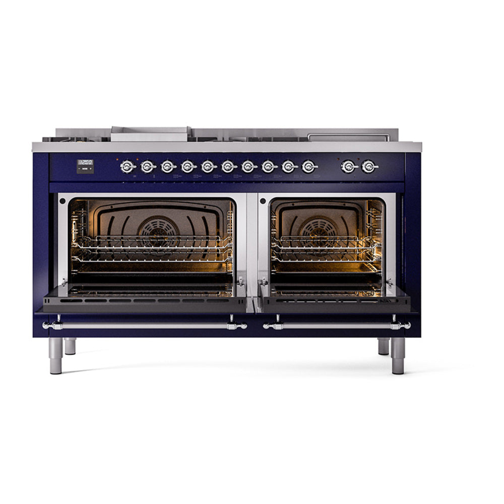 Midnight blue dual fuel range with both oven doors open and chrome oven racks