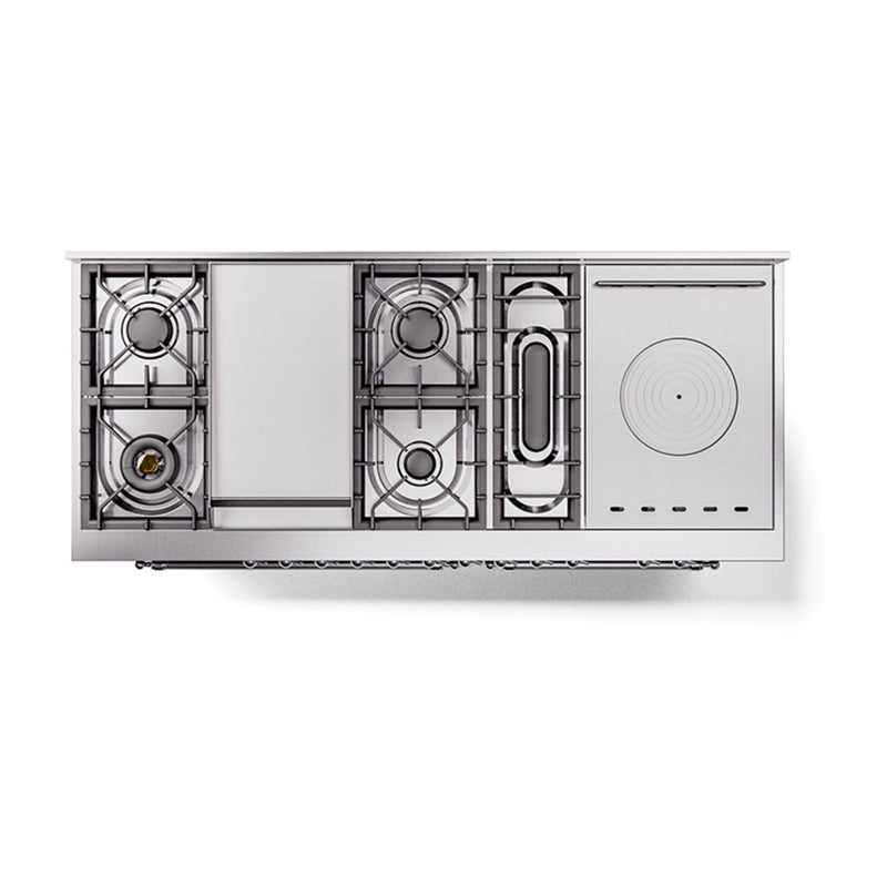 ILVE Nostalgie II 60-Inch Dual Fuel Range with 7 Burners, Griddle, & French Top with Solid Door Oven in Midnight Blue with Chrome Trim (UP60FSQNMPMBC)