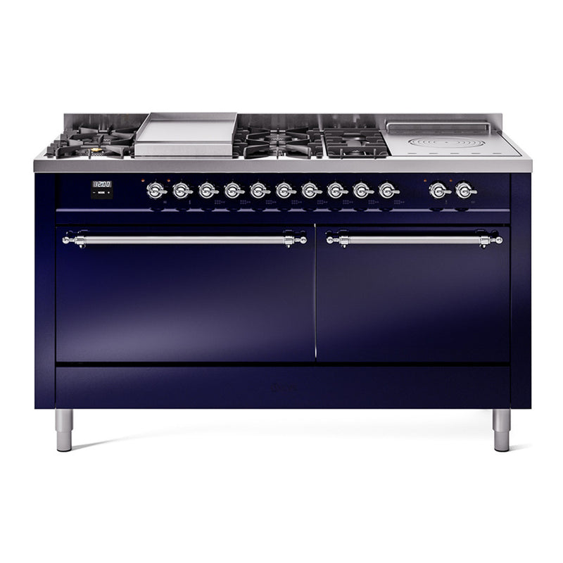 ILVE Nostalgie II 60-Inch Dual Fuel Range with 7 Burners, Griddle, & French Top with Solid Door Oven in Midnight Blue with Chrome Trim (UP60FSQNMPMBC)