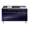 ILVE Nostalgie II 60-Inch Dual Fuel Range with 7 Burners, Griddle, & French Top with Solid Door Oven in Midnight Blue with Brass Trim (UP60FSQNMPMBG)