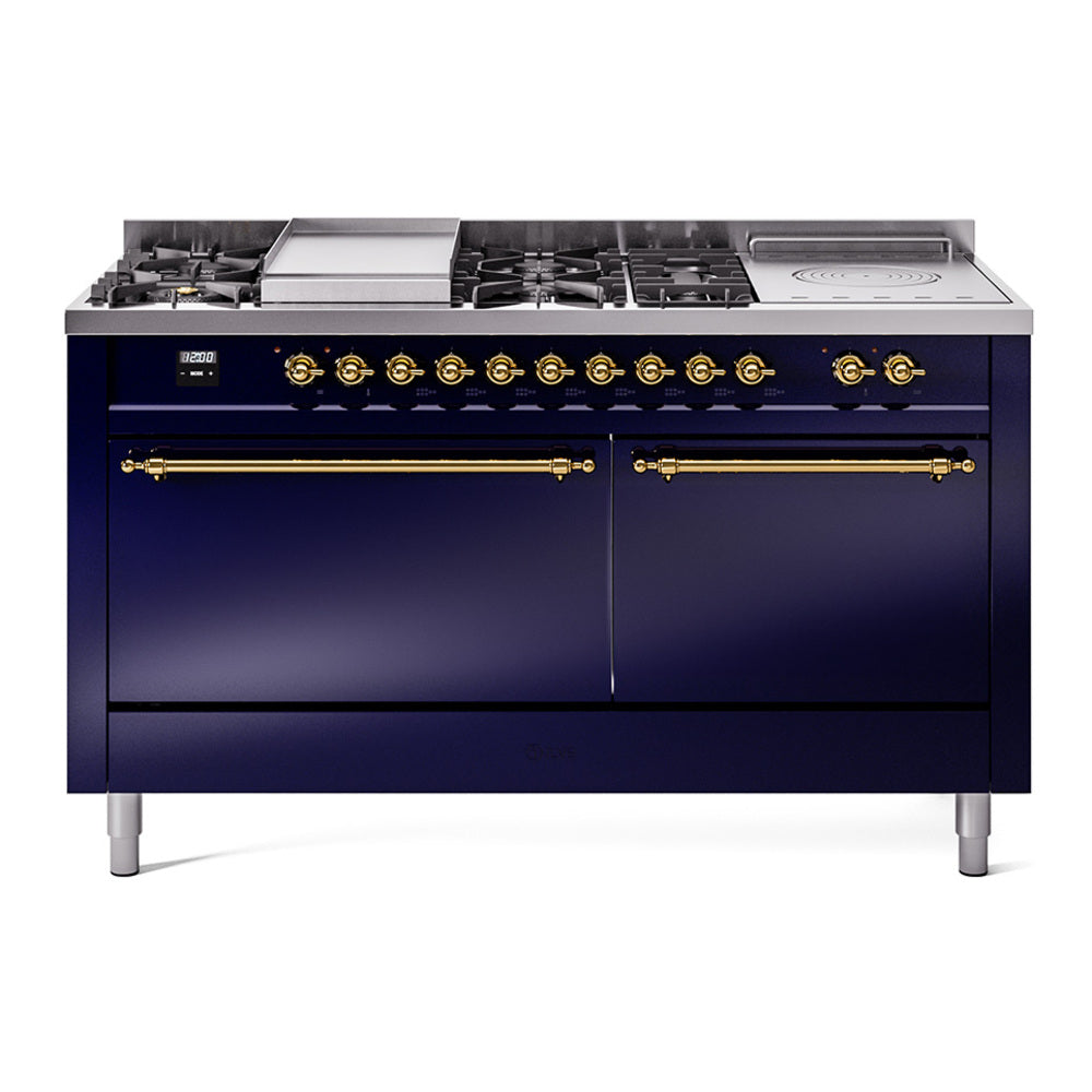 ILVE dual fuel range, midnight blue with brass trim, burners, griddle, French top