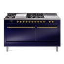 ILVE Nostalgie II 60-Inch Natural Gas Dual Fuel Range with 7 Burners, Griddle, & French Top with Solid Door Oven in Midnight Blue with Brass Trim (UP60FSQNMPMBG)