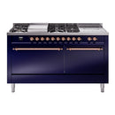 ILVE Nostalgie II 60-Inch Propane Gas Dual Fuel Range with 7 Burners, Griddle, & French Top with Solid Door Oven in Midnight Blue with Copper Trim (UP60FSQNMPMBPLP)