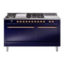 ILVE Nostalgie II 60-Inch Natural Gas Dual Fuel Range with 7 Burners, Griddle, & French Top with Solid Door Oven in Midnight Blue with Copper Trim (UP60FSQNMPMBP)