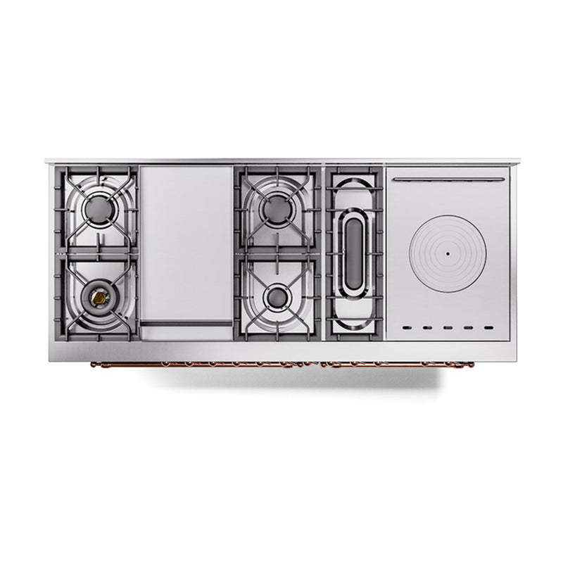 ILVE Nostalgie II 60-Inch Dual Fuel Range with 7 Burners, Griddle, & French Top with Solid Door Oven in Midnight Blue with Copper Trim (UP60FSQNMPMBP)