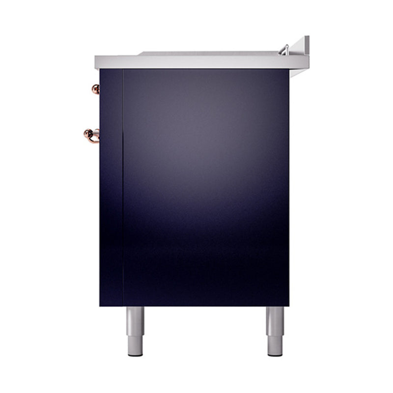 ILVE Nostalgie II 60-Inch Dual Fuel Range with 7 Burners, Griddle, & French Top with Solid Door Oven in Midnight Blue with Copper Trim (UP60FSQNMPMBP)
