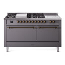 ILVE Nostalgie II 60-Inch Propane Gas Dual Fuel Range with 7 Burners, Griddle, & French Top with Solid Door Oven in Matte Graphite with Bronze Trim (UP60FSQNMPMGBLP)