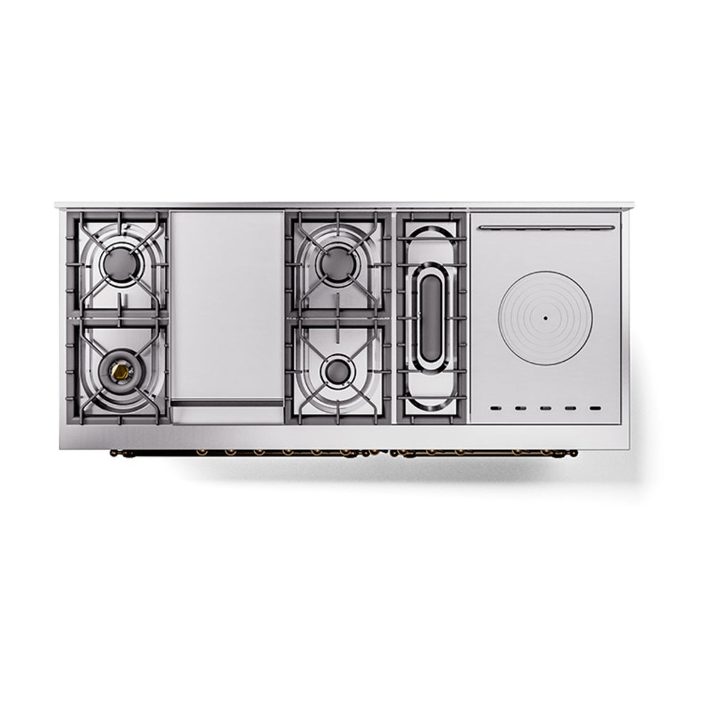 Dual fuel range top view with burner grates and French top insert
