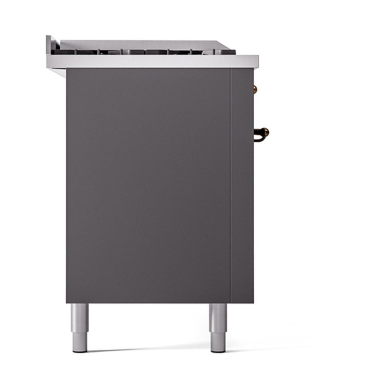 ILVE Nostalgie II 60-Inch Dual Fuel Range with 7 Burners, Griddle, & French Top with Solid Door Oven in Matte Graphite with Bronze Trim (UP60FSQNMPMGB)