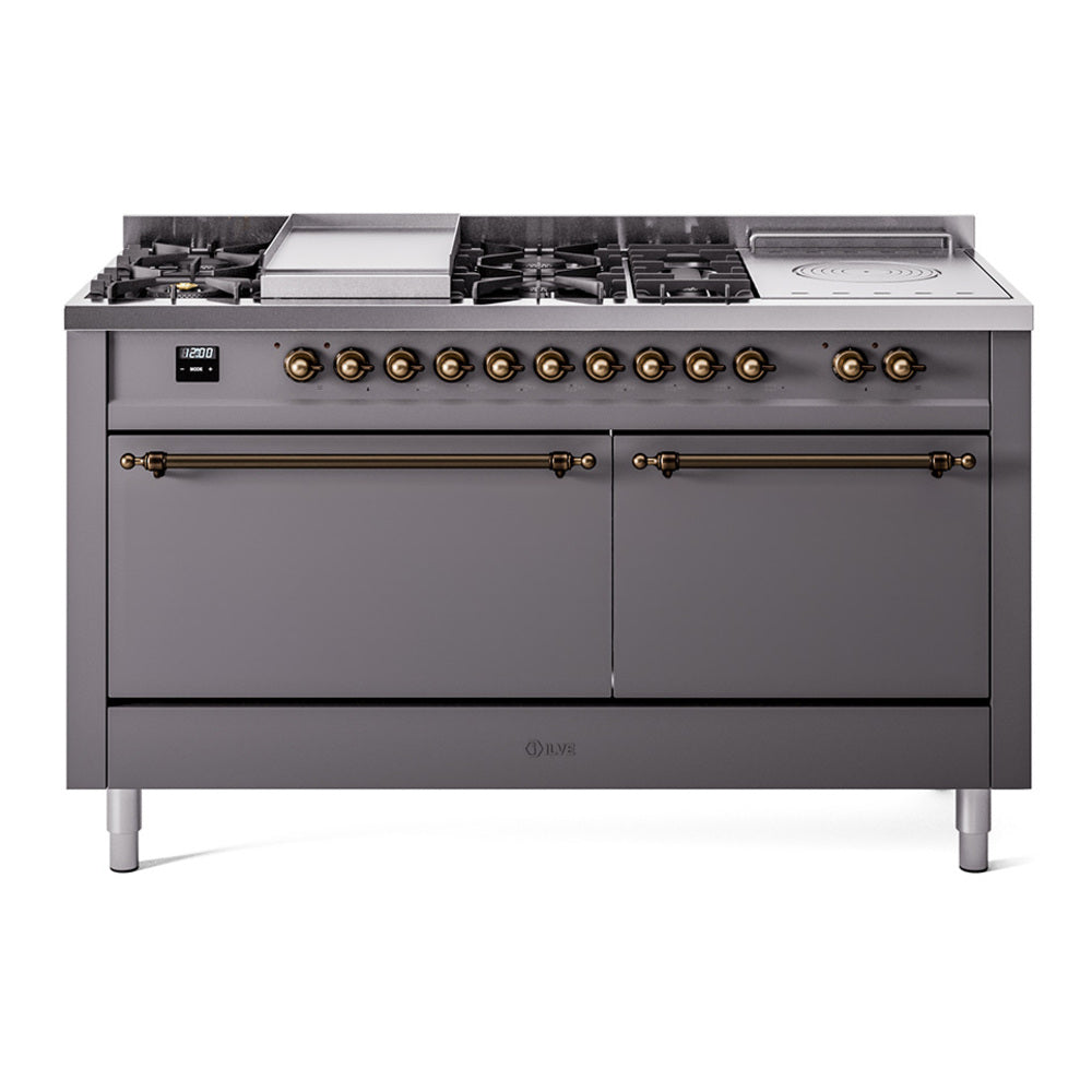 Matte graphite dual fuel range with bronze-trimmed control knobs and cooktop burners