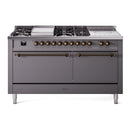 ILVE Nostalgie II 60-Inch Natural Gas Dual Fuel Range with 7 Burners, Griddle, & French Top with Solid Door Oven in Matte Graphite with Bronze Trim (UP60FSQNMPMGB)