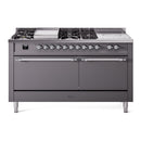 ILVE Nostalgie II 60-Inch Propane Gas Dual Fuel Range with 7 Burners, Griddle, & French Top with Solid Door Oven in Matte Graphite with Chrome Trim (UP60FSQNMPMGCLP)