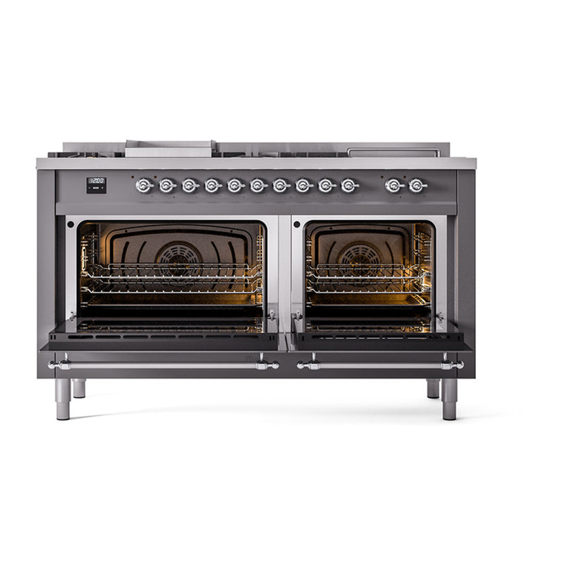 ILVE Nostalgie II 60-Inch Dual Fuel Range with 7 Burners, Griddle, & French Top with Solid Door Oven in Matte Graphite with Chrome Trim (UP60FSQNMPMGC)