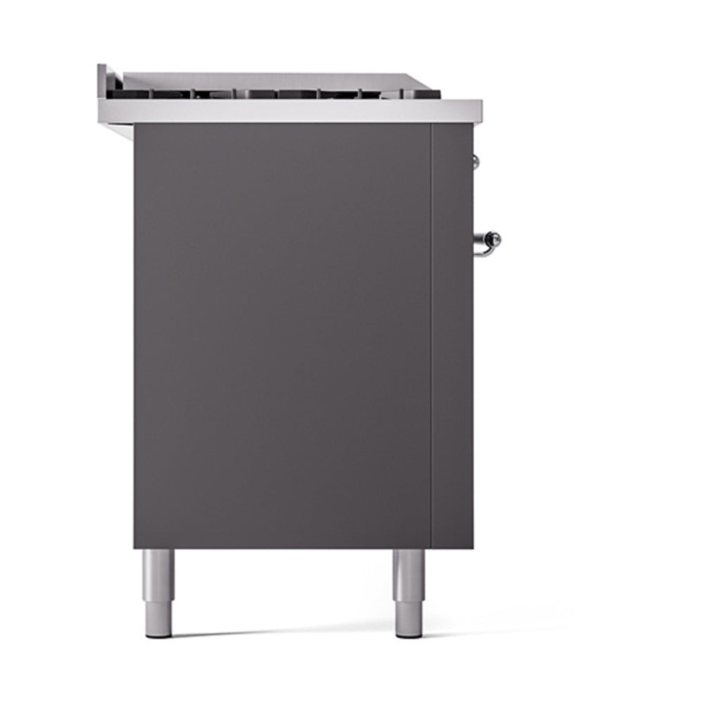 Matte graphite oven cabinet with side handle, chrome-trim, and four metal feet
