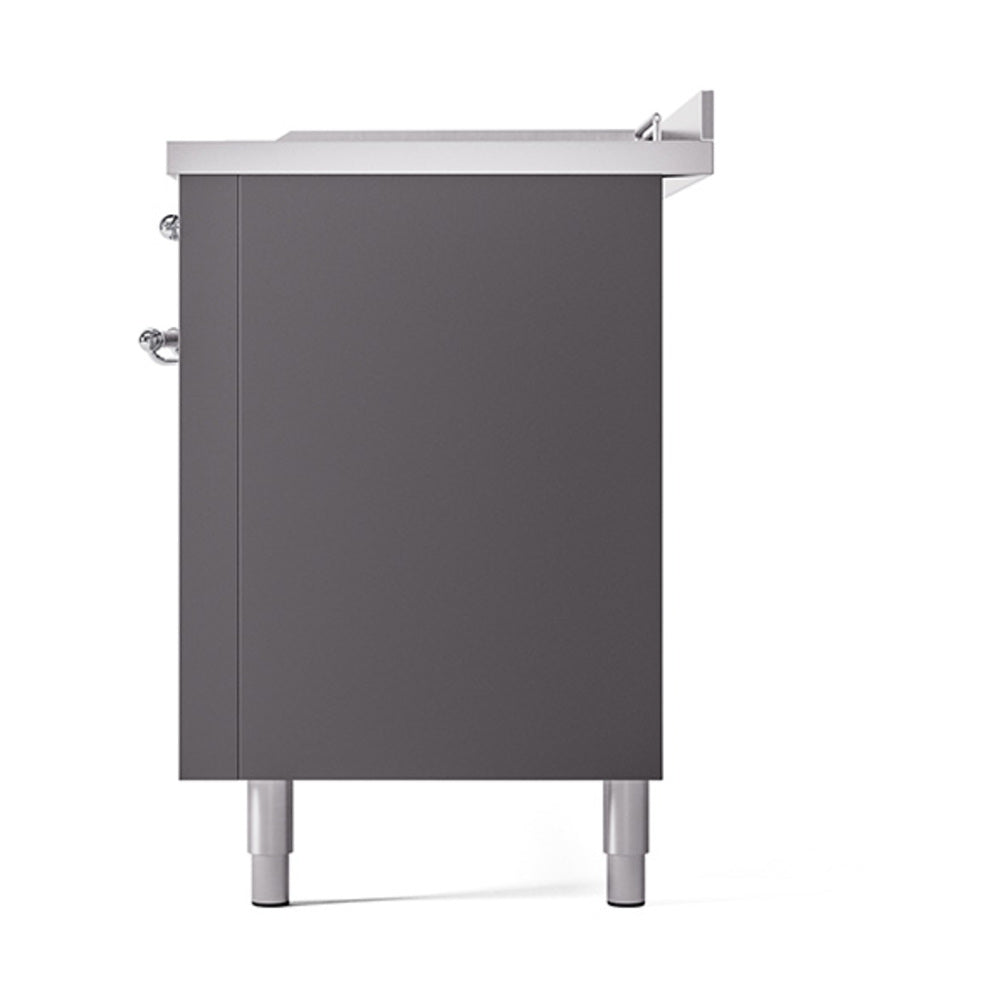 Matte graphite oven cabinet with two side handles, chrome legs, and flat top cover