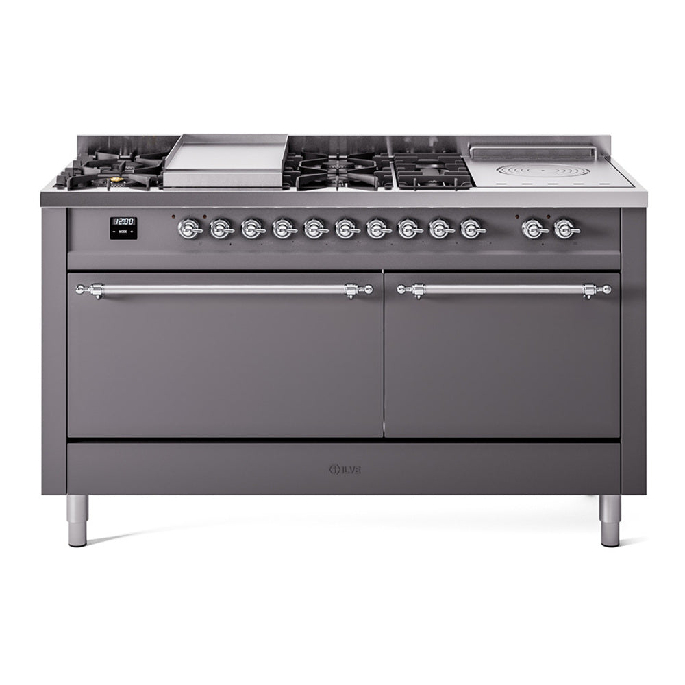 Matte graphite dual fuel range with chrome knobs, burners, and griddle/French top