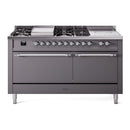 ILVE Nostalgie II 60-Inch Natural Gas Dual Fuel Range with 7 Burners, Griddle, & French Top with Solid Door Oven in Matte Graphite with Chrome Trim (UP60FSQNMPMGC)
