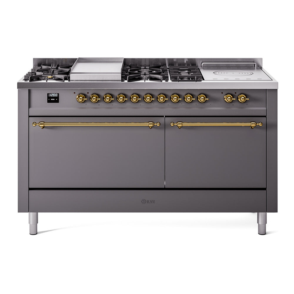 Matte graphite dual fuel range with brass trim, griddle and seven burners