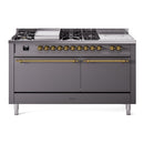 ILVE Nostalgie II 60-Inch Propane Gas Dual Fuel Range with 7 Burners, Griddle, & French Top with Solid Door Oven in Matte Graphite with Brass Trim (UP60FSQNMPMGGLP)