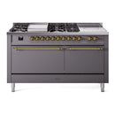 ILVE Nostalgie II 60-Inch Natural Gas Dual Fuel Range with 7 Burners, Griddle, & French Top with Solid Door Oven in Matte Graphite with Brass Trim (UP60FSQNMPMGG)